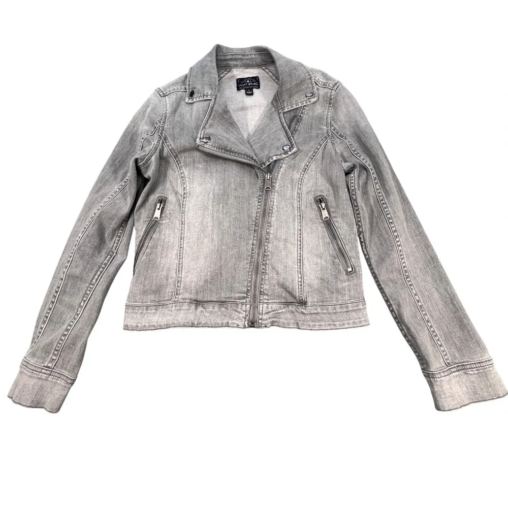 Lucky Brand Gray Denim Moto Jacket Women Size Small Asymmetrical Zip Biker